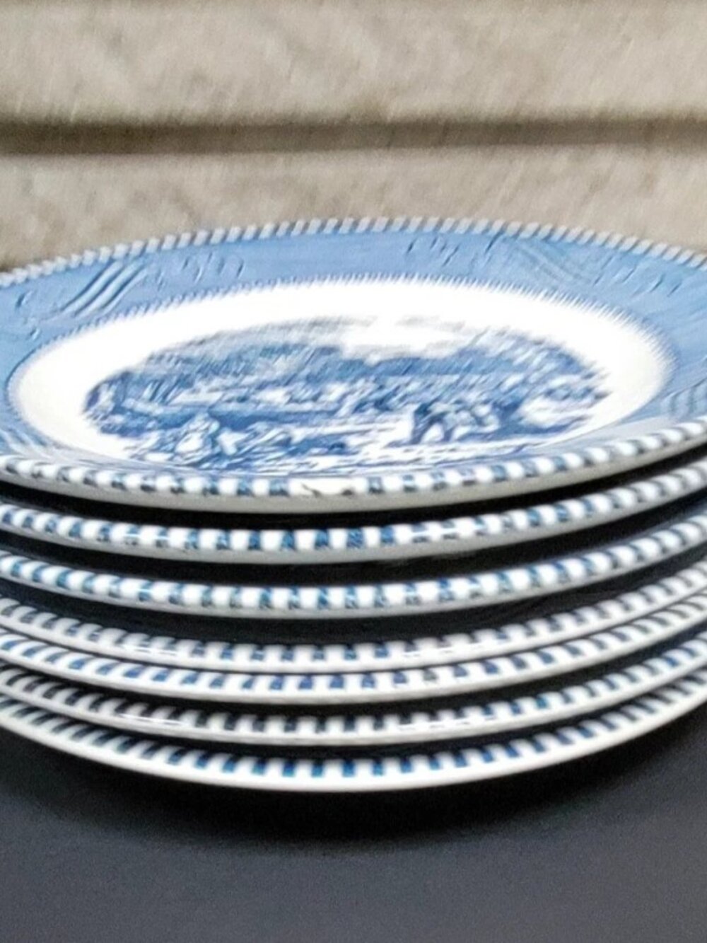 Classic blue and white Currier & Ives by Royal China dessert plates X7